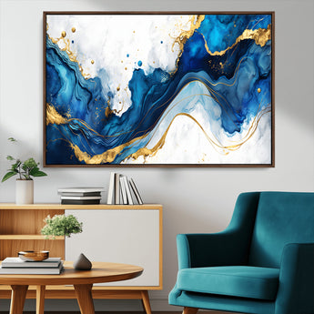 33506371-MGV-CV-36X24-Blue Marble Wall Art Canvas Print, Framed Gold Splash Art Picture Print, Abstract Wave Perfect Modern Luxe Decor Artwork
