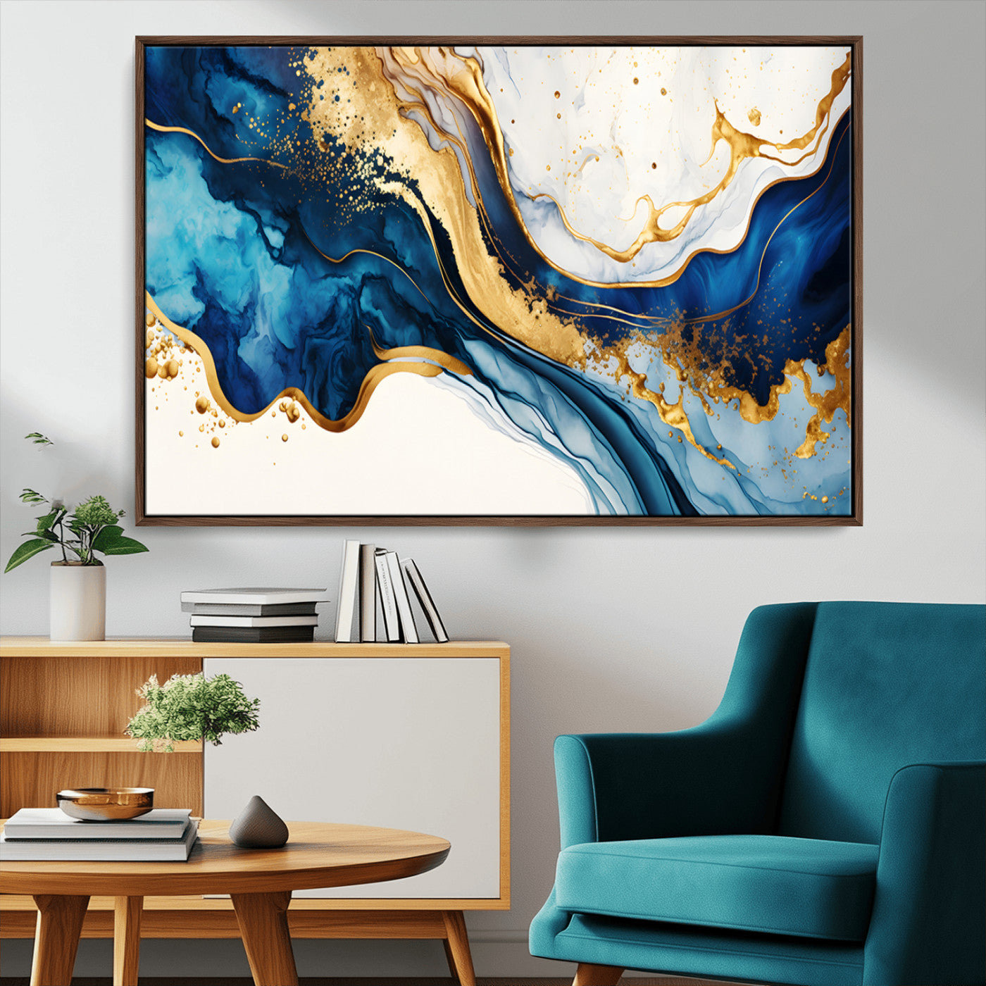 60283636-MGV-CV-36X24-Blue Gold Flow Wall Art Canvas Print, Framed Marble Texture Art Picture Print, Elegant Splash Perfect Elegant Abstract Decor