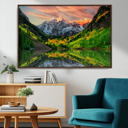 59533484-MGV-CV-36X24-Maroon Bells Autumn Wall Art – Panoramic Mountain Landscape Canvas Print, Sunset Reflection Nature Artwork for Living Room, Office
