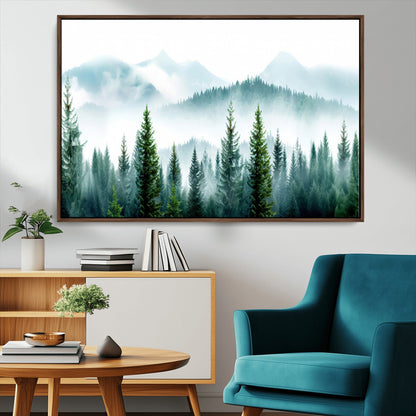 16716676-MGV-CV-36X24-Pine Forest Wall Art Canvas Print, Framed Misty Mountains Art Picture Print, Foggy Trees Perfect Moody Forest Decor Artwork