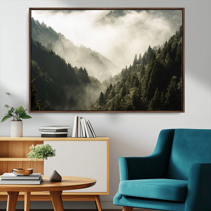 57570237-MGV-CV-36X24-Misty Valley Wall Art Canvas Print, Framed Foggy Forest Art Picture Print, Pine Trees Perfect Moody Woodland Decor Artwork
