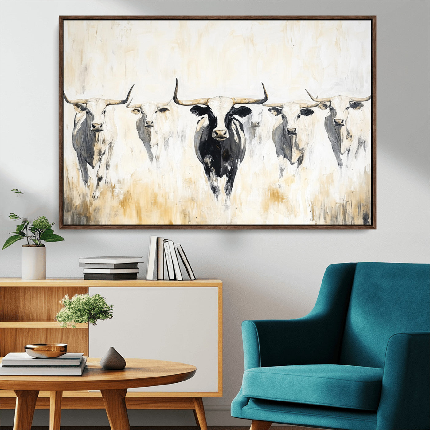 40397799-MGV-CV-36X24-Texas Longhorn Wall Art Canvas Print, Framed Rustic Herd Art Picture Print, Western Bull Perfect Neutral Western Decor Artwork