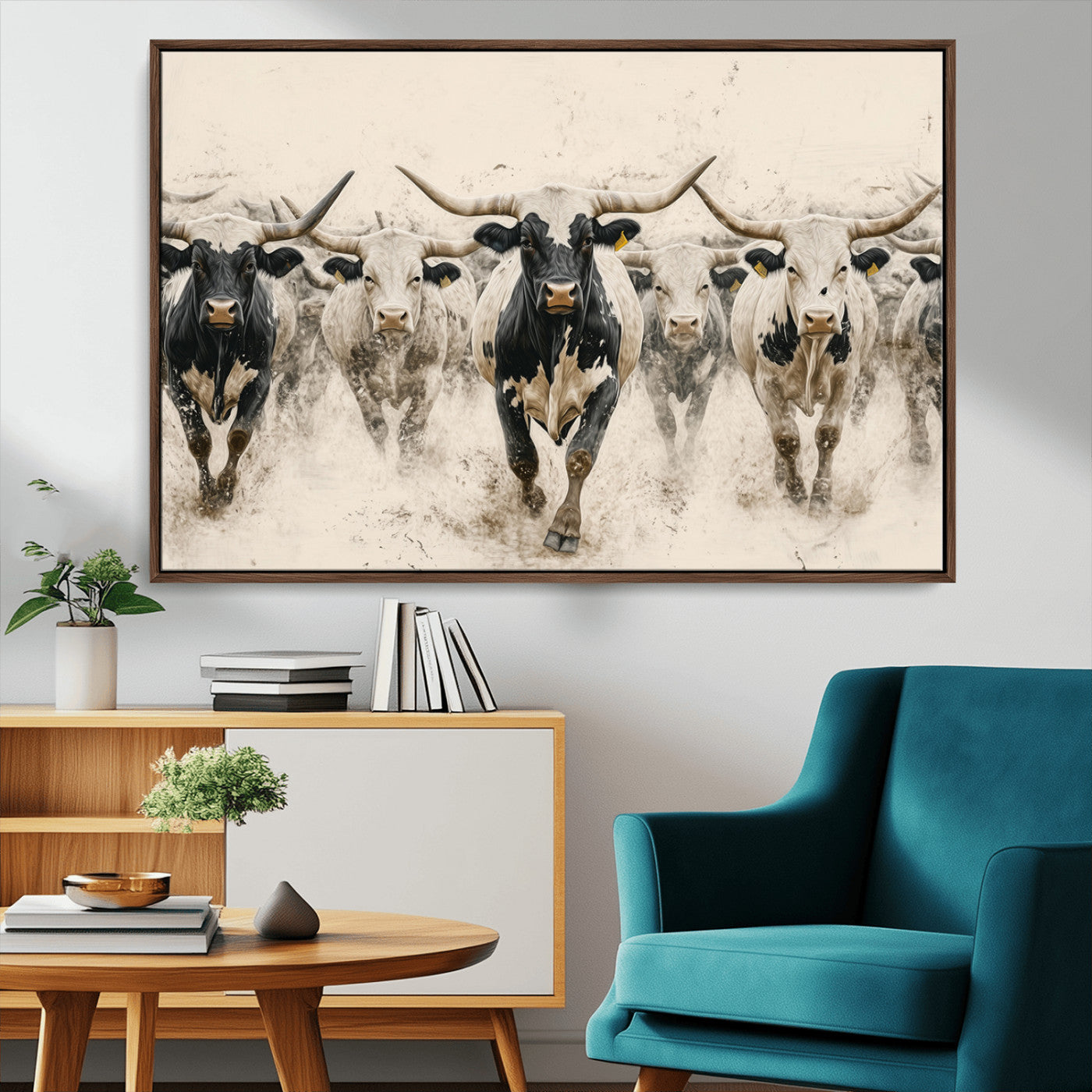 61538944-MGV-CV-36X24-Texas Longhorn Wall Art Canvas Print, Framed Cattles Walking Art Picture Print, Black White Bulls Perfect Rustic Western Decor
