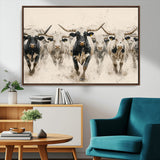 61538944-MGV-CV-36X24-Texas Longhorn Wall Art Canvas Print, Framed Cattles Walking Art Picture Print, Black White Bulls Perfect Rustic Western Decor