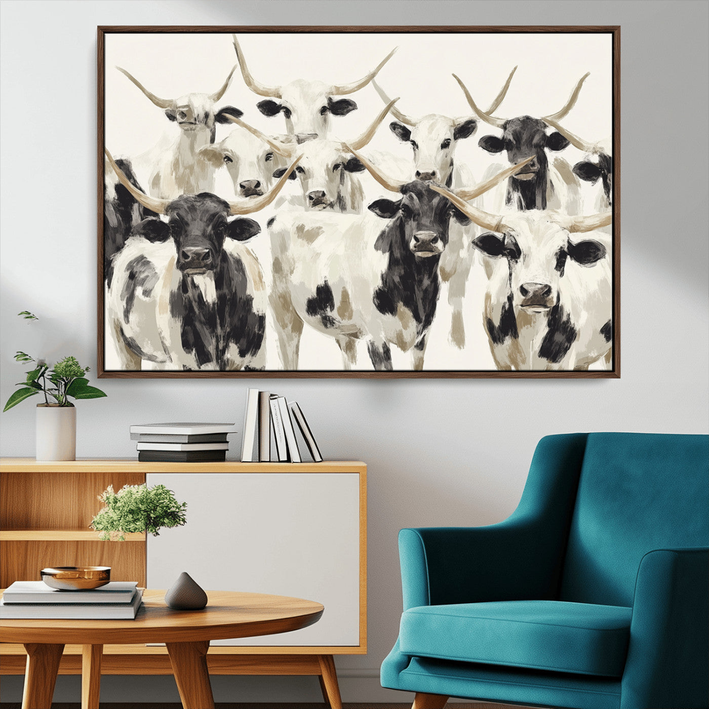 52947970-MGV-FC-36X24_Walnut-Texas Longhorn Wall Art Canvas Print, Framed Cattle Herd Art Picture Print, Herd Portrait Perfect Modern Farmhouse Decor Artwork