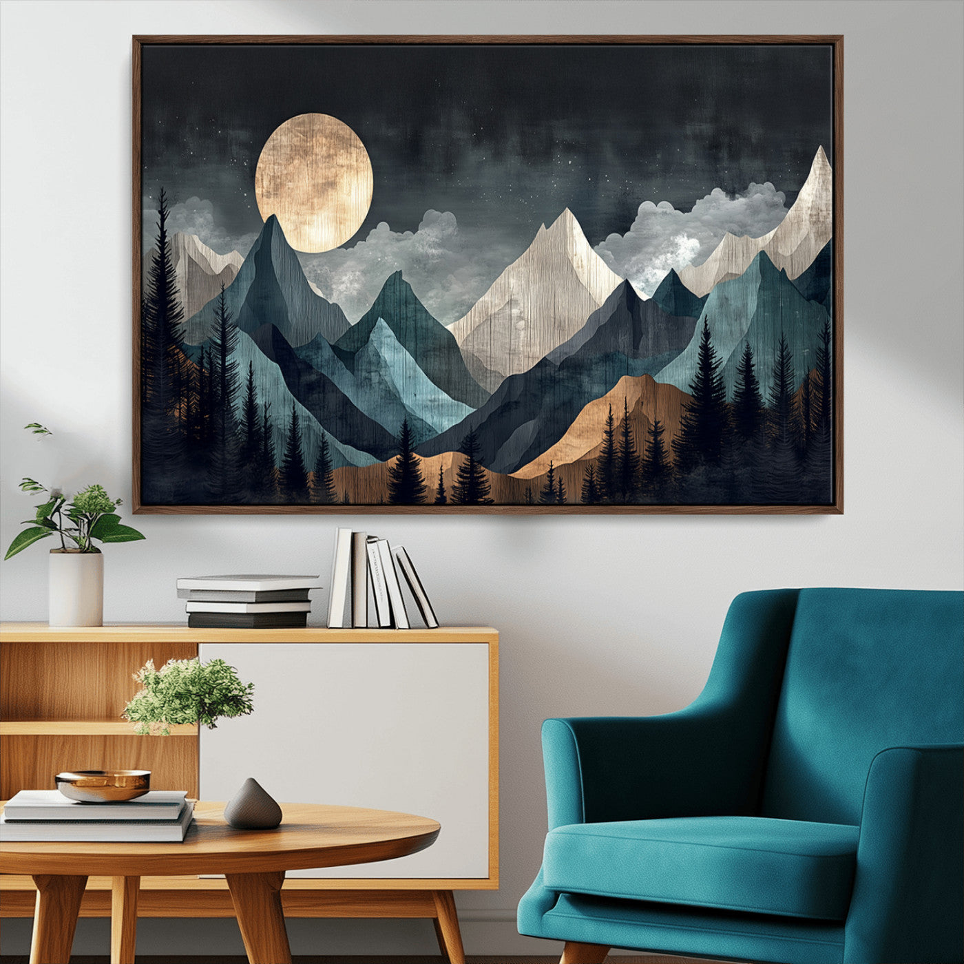 11060882-MGV-CV-36X24-Moonlit Mountains Wall Art Canvas Print, Framed Forest Silhouette Art Picture Print, Night Landscape Perfect Modern Forest Decor