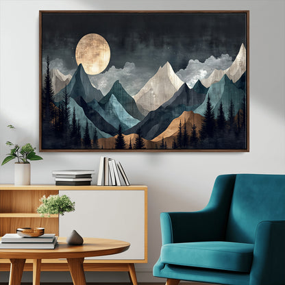 11060882-MGV-CV-36X24-Moonlit Mountains Wall Art Canvas Print, Framed Forest Silhouette Art Picture Print, Night Landscape Perfect Modern Forest Decor
