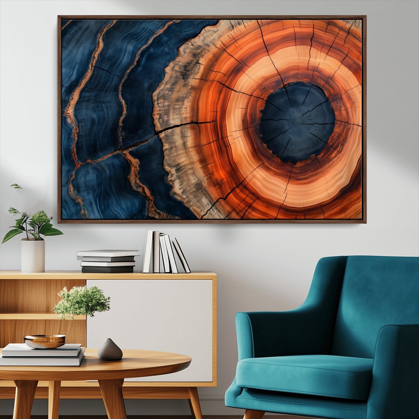 41123192-MGV-CV-36X24-Tree Ring Canvas Wall Art – Abstract Blue Orange Wood Grain Print, Rustic Modern Nature Artwork for Living Room, Bedroom, Office