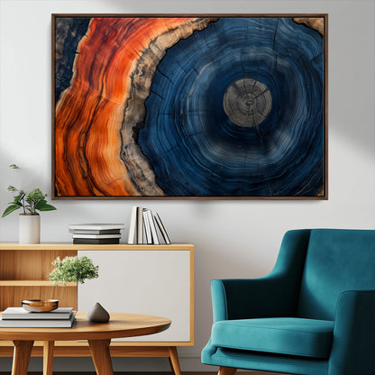 99491700-MGV-CV-36X24-Tree Ring Canvas Wall Art – Blue Orange Abstract Wood Grain Print, Rustic Modern Nature Artwork for Living Room, Office, Bedroom