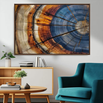 18032999-MGV-CV-36X24-Tree Ring Wall Art – Blue Brown Abstract Wood Slice Canvas Print, Rustic Modern Nature Decor for Living Room, Office, Bedroom or