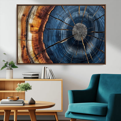 45268471-MGV-CV-36X24-Blue Tree Ring Wall Art – Rustic Wood Cross Section Canvas Print, Modern Abstract Nature Decor for Living Room, Office, or Cabin