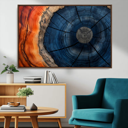 26110607-MGV-CV-36X24-Blue and Orange Tree Ring Wall Art – Abstract Wood Cross Section Canvas Print, Modern Rustic Nature Decor for Living Room, Office,