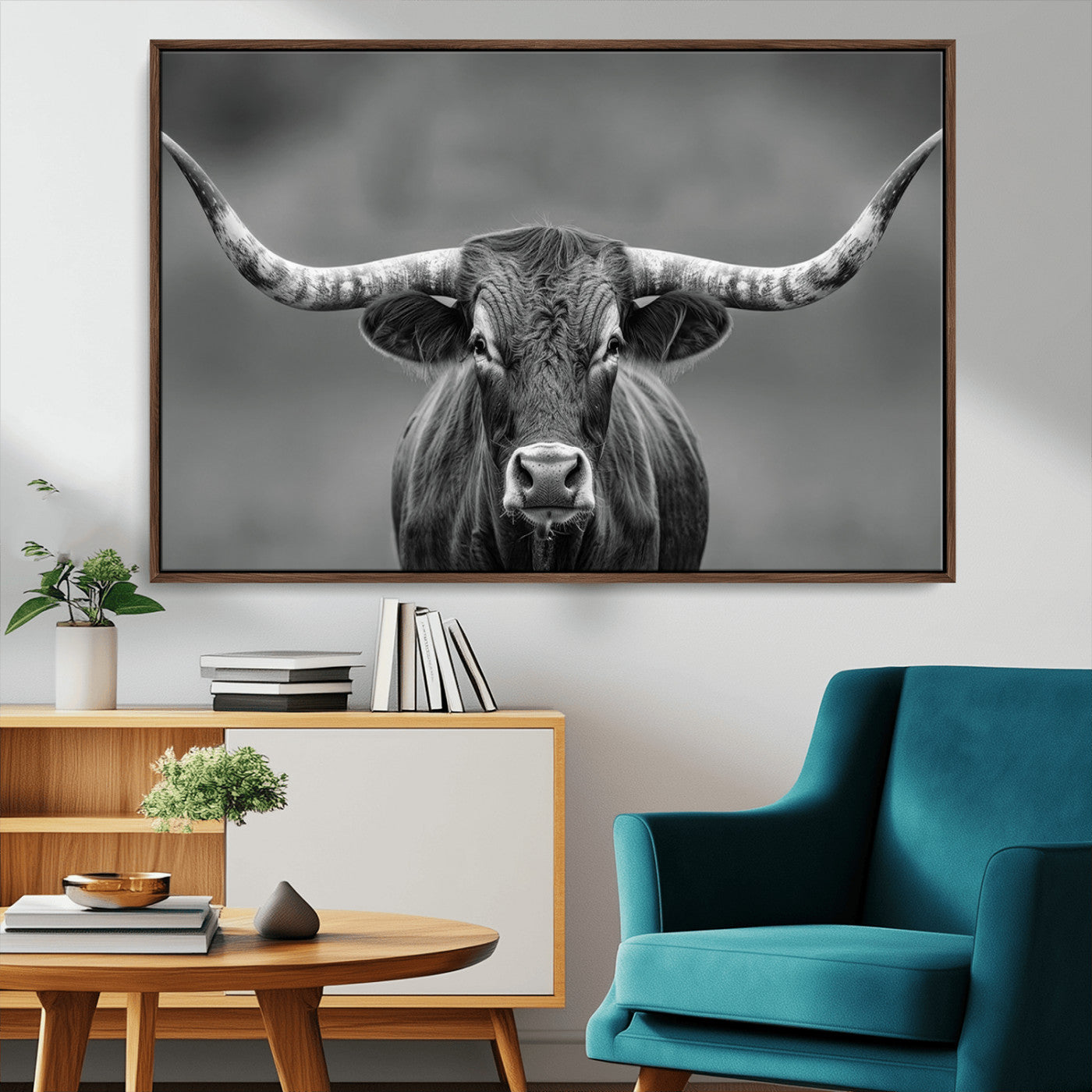 81228550-MGV-CV-36X24-Framed Texas Longhorn Bull Art Canvas Print, Western Bull Wall Art Print, Long Horn Bull Photo Print for Log Cabin, Large Bull