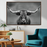 81228550-MGV-CV-36X24-Framed Texas Longhorn Bull Art Canvas Print, Western Bull Wall Art Print, Long Horn Bull Photo Print for Log Cabin, Large Bull