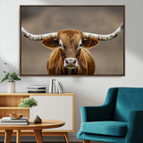 12179171-MGV-CV-36X24-Texas Longhorn Wall Art Canvas Print, Framed Brown Bull Art Picture Print, Lone Cattle Perfect Rustic Western Decor Artwork