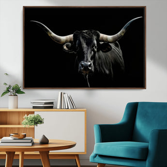 37531960-MGV-CV-36X24-Black Longhorn Bull Wall Art – Dramatic Western Cattle Canvas Print, Rustic Farmhouse Animal Artwork for Living Room, Bedroom,