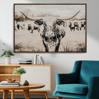 27497342-MGV-CV-36X24-Texas Longhorn Wall Art Canvas Print, Framed Speckled Cow Art Picture Print, Horned Cattle Perfect Rustic Western Decor Artwork