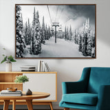 31156828-MGV-FC-36X24_Walnut-Snowy Pines Wall Art Canvas Print, Framed Ski Lift Art Picture Print, Winter Forest Perfect Moody Lodge Decor Artwork