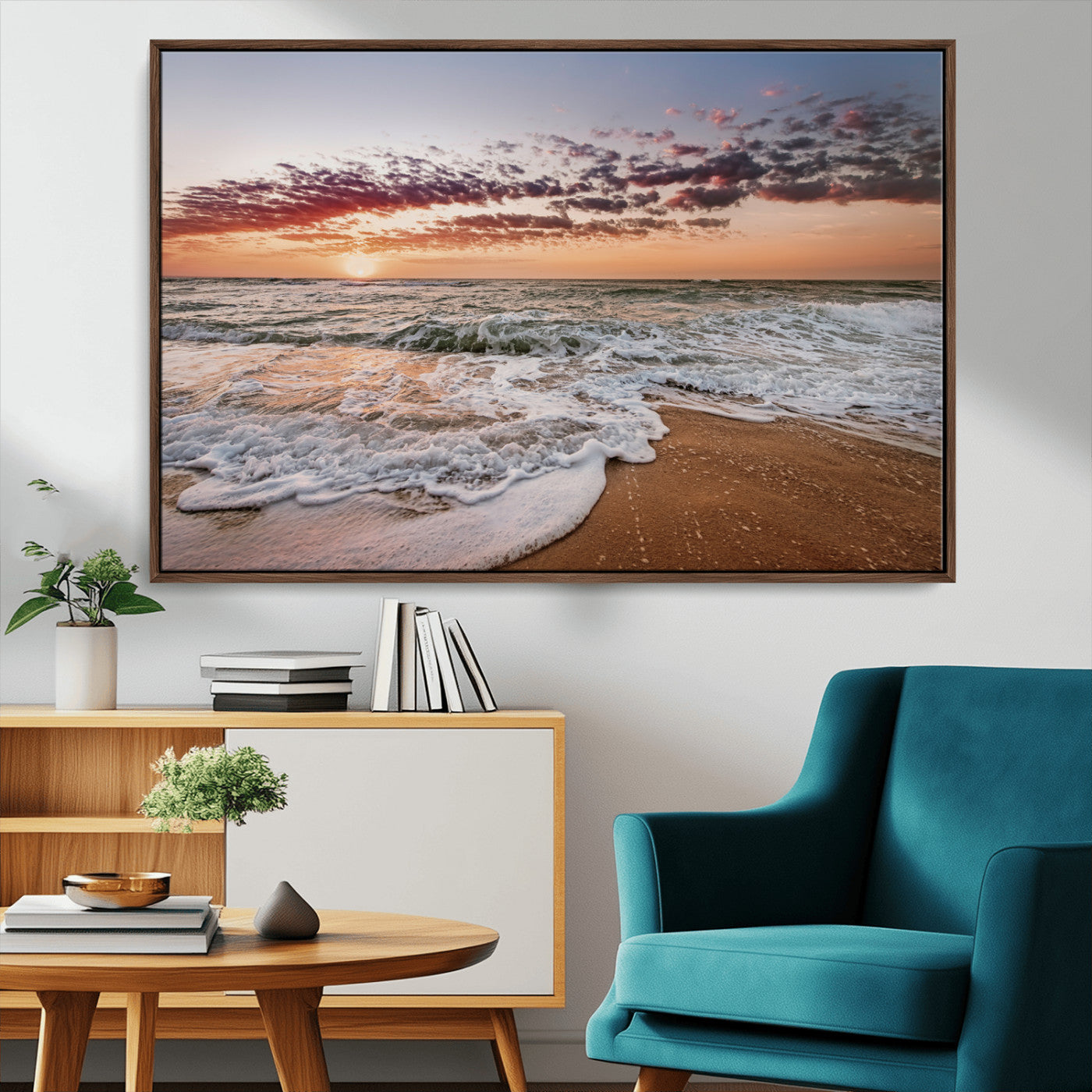 39846389-MGV-CV-36X24-Ocean Sunset Wall Art Canvas Print, Framed Sandy Shore Art Picture Print, Gentle Waves Perfect Minimalist Coastal Decor Artwork