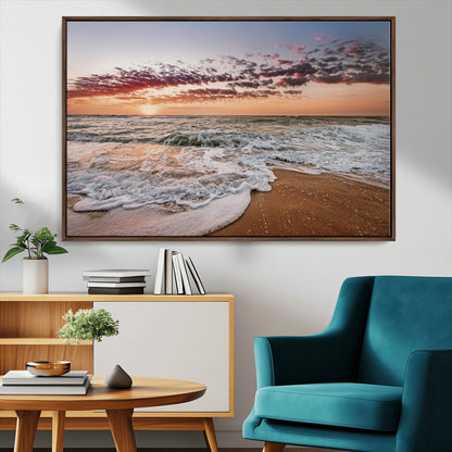 39846389-MGV-CV-36X24-Ocean Sunset Wall Art Canvas Print, Framed Sandy Shore Art Picture Print, Gentle Waves Perfect Minimalist Coastal Decor Artwork