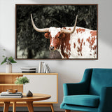 54027638-MGV-CV-36X24-Texas Longhorn Wall Art Canvas Print, Framed Spotted Cow Art Picture Print, Horned Bull Perfect Rustic Western Decor Artwork