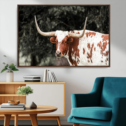 54027638-MGV-CV-36X24-Texas Longhorn Wall Art Canvas Print, Framed Spotted Cow Art Picture Print, Horned Bull Perfect Rustic Western Decor Artwork