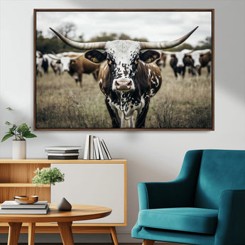 79025945-MGV-CV-36X24-Texas Longhorn Wall Art Canvas Print, Framed Speckled Cow Art Picture Print, Horned Cattle Perfect Rustic Western Decor Artwork