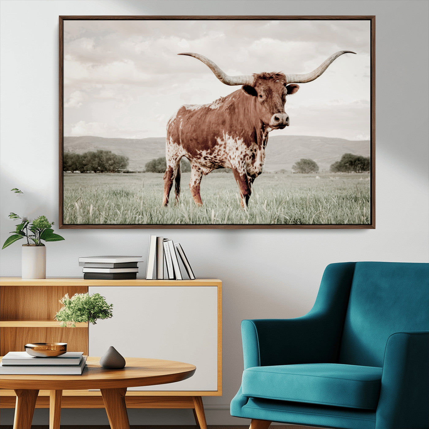 28309012-MGV-CV-36X24-Texas Longhorn Wall Art Canvas Print, Framed Spotted Cattle Art Picture Print, Horned Bull Perfect Rustic Western Decor Artwork