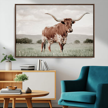 28309012-MGV-CV-36X24-Texas Longhorn Wall Art Canvas Print, Framed Spotted Cattle Art Picture Print, Horned Bull Perfect Rustic Western Decor Artwork