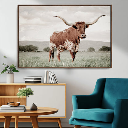 28309012-MGV-CV-36X24-Texas Longhorn Wall Art Canvas Print, Framed Spotted Cattle Art Picture Print, Horned Bull Perfect Rustic Western Decor Artwork