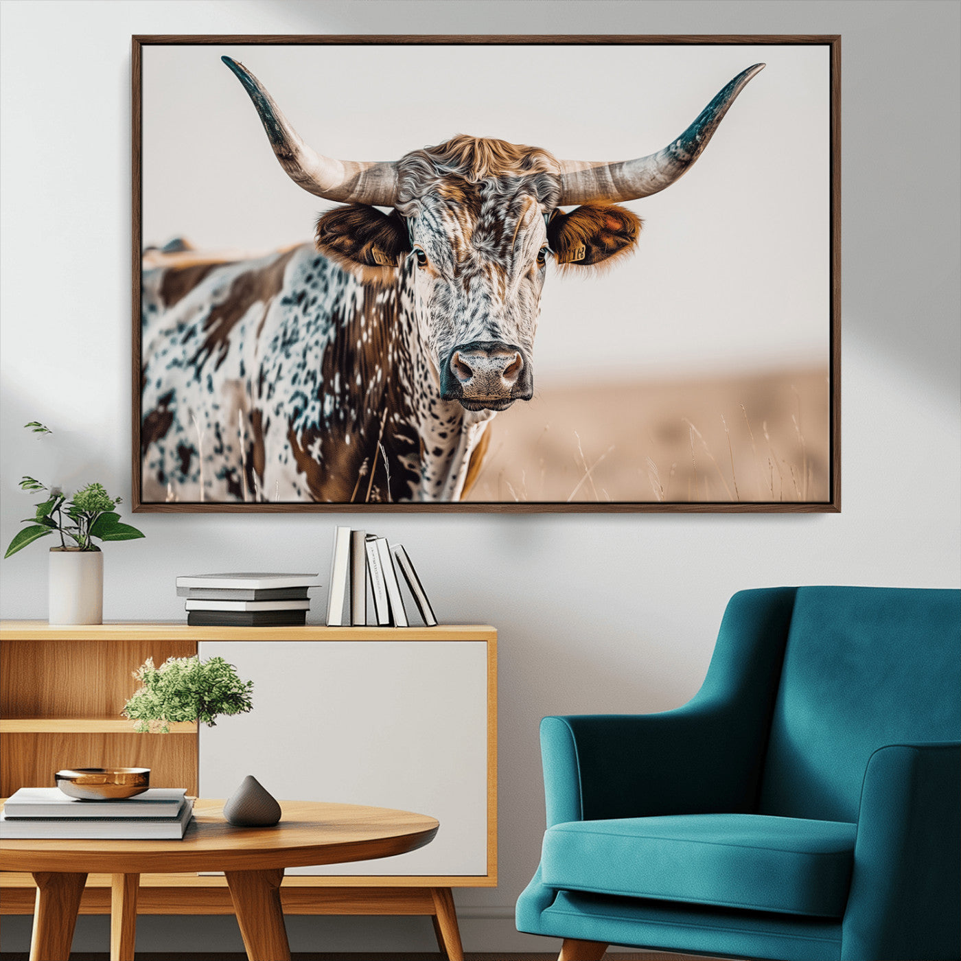 70414966-MGV-CV-36X24-Texas Longhorn Wall Art Canvas Print, Framed Speckled Cow Art Picture Print, Horned Bull Perfect Rustic Western Decor Artwork