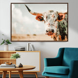72766375-MGV-CV-36X24-Texas Longhorn Wall Art Canvas Print, Framed Spotted Cow Art Picture Print, Horned Cattle Perfect Rustic Western Decor Artwork