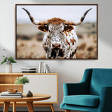 76294381-MGV-CV-36X24-Texas Longhorn Wall Art Canvas Print, Framed Spotted Cow Art Picture Print, Horned Cattle Perfect Rustic Western Decor Artwork