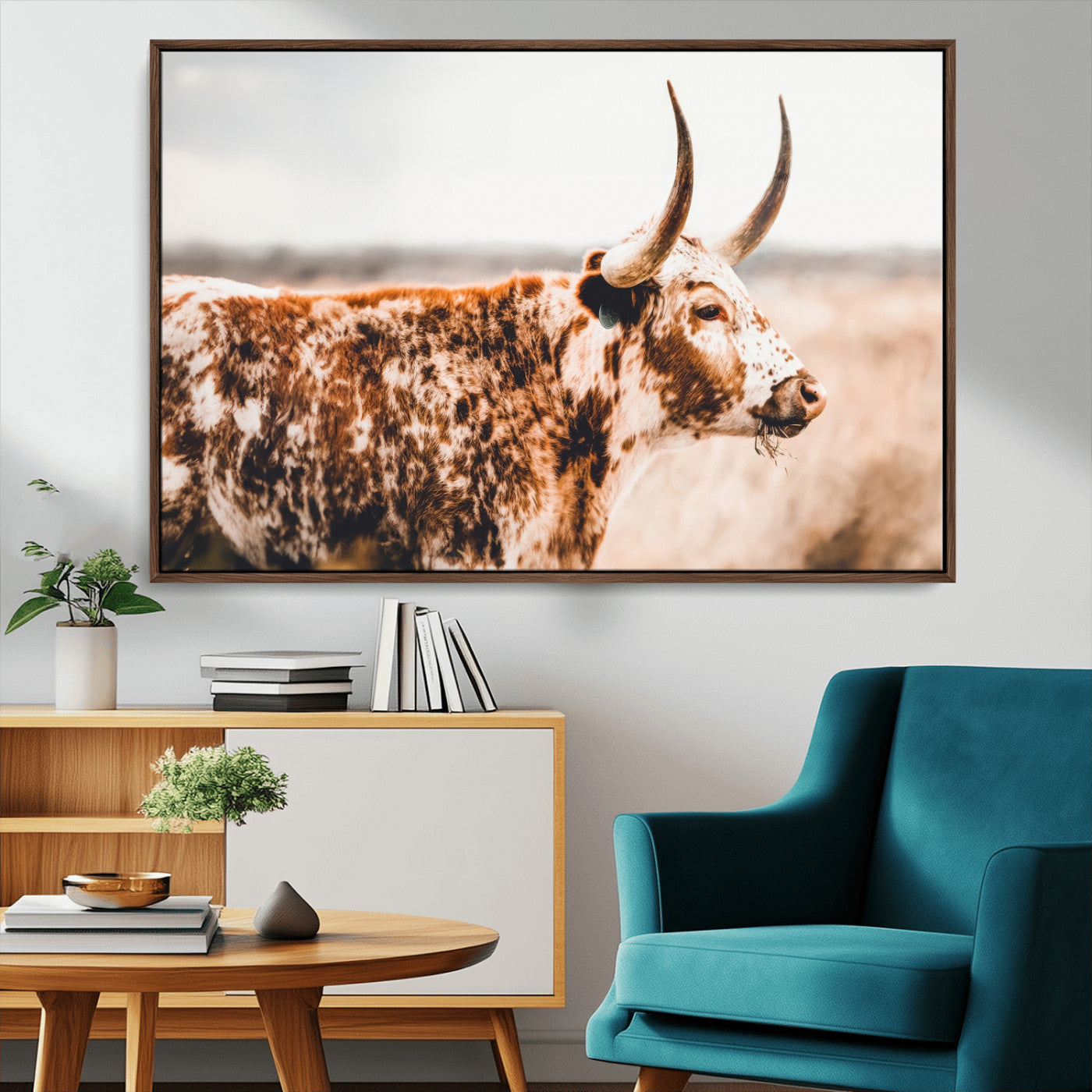 11528295-MGV-CV-36X24-Speckled Longhorn Wall Art Canvas Print, Framed Texas Cattle Art Picture Print, Horned Cow Perfect Rustic Western Decor Artwork