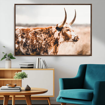 11528295-MGV-CV-36X24-Speckled Longhorn Wall Art Canvas Print, Framed Texas Cattle Art Picture Print, Horned Cow Perfect Rustic Western Decor Artwork