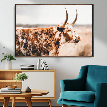 11528295-MGV-CV-36X24-Speckled Longhorn Wall Art Canvas Print, Framed Texas Cattle Art Picture Print, Horned Cow Perfect Rustic Western Decor Artwork