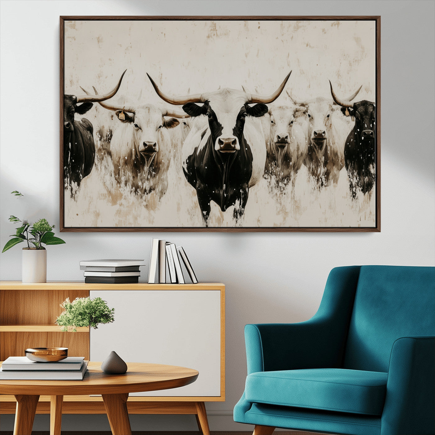 12027562-MGV-CV-36X24-Longhorn Cattle Wall Art Canvas Print, Framed Bison Herd Art Picture Print, Cattle Group Perfect Rustic Farmhouse Decor Artwork