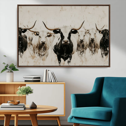12027562-MGV-CV-36X24-Longhorn Cattle Wall Art Canvas Print, Framed Bison Herd Art Picture Print, Cattle Group Perfect Rustic Farmhouse Decor Artwork