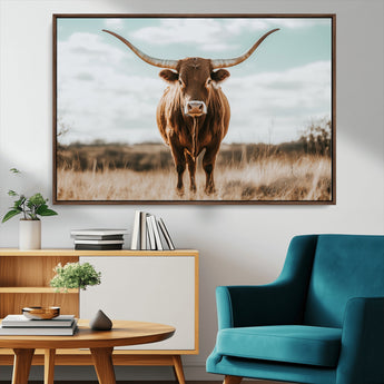 39350715-MGV-CV-36X24-Texas Longhorn Wall Art Canvas Print, Framed Longhorn Cow Art Picture Print, Western Cattle Perfect Rustic Western Decor Artwork