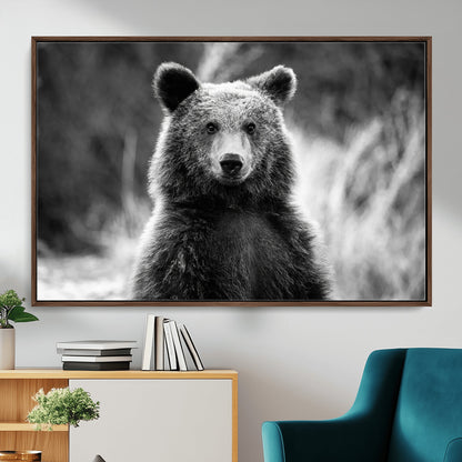 MGV-FC-36X24 - Grizzly Bear Wall Art Canvas Print, Framed Black White Bear Art Picture Print, Wild Bear Perfect Rustic Wildlife Decor Artwork