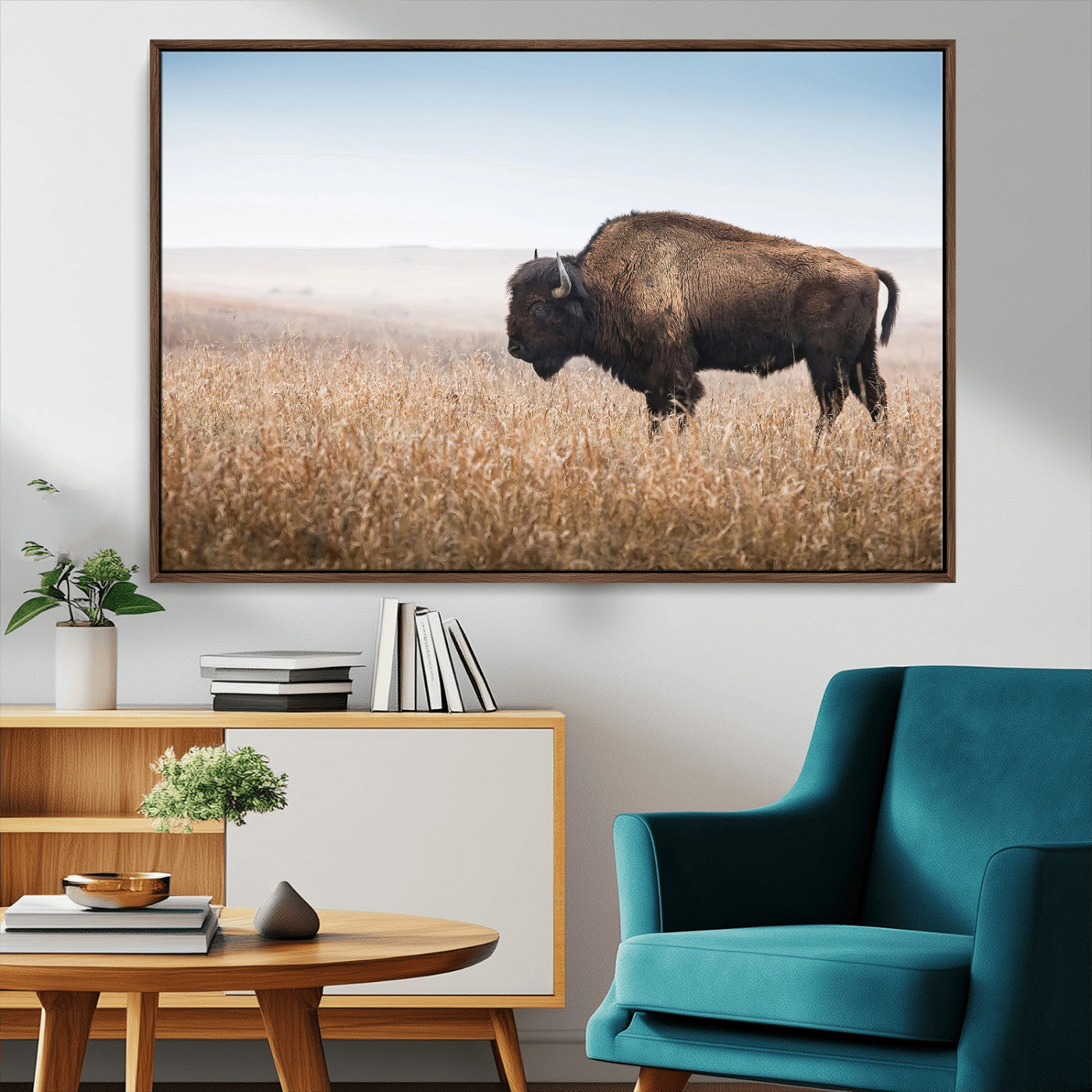 91267849-MGV-CV-36X24-Wild Bison Wall Art Canvas Print, Framed Bison in Prairie Art Picture Print, Rustic Western Perfect Rustic Western Decor Artwork