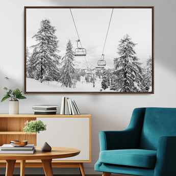 55003599-MGV-CV-36X24-Snowy Ski Lift Wall Art Canvas Print, Framed Winter Forest Art Picture Print, Ski lift Ride Perfect Winter Lodge Decor Artwork