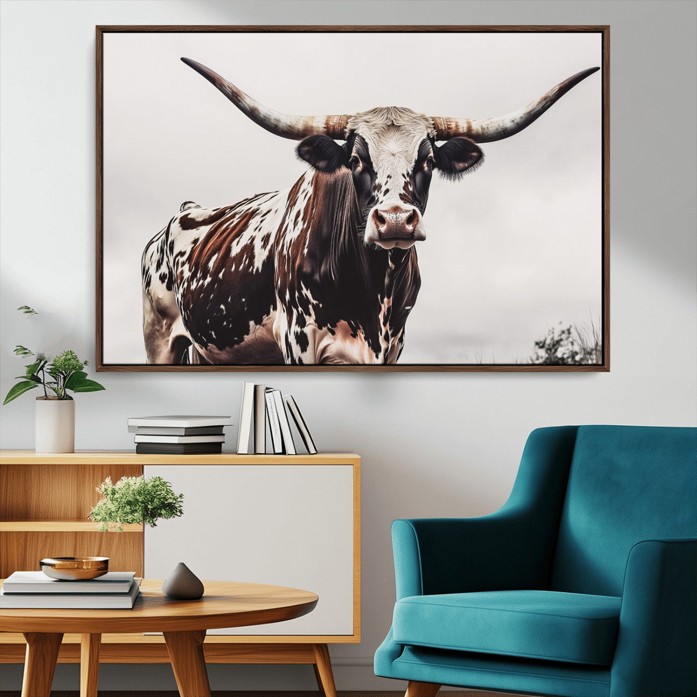 95249234-MGV-CV-36X24-Texas Longhorn Wall Art Canvas Print, Framed Spotted Bull Art Picture Print, Horned Cattle Perfect Rustic Farmhouse Decor Artwork