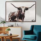 95249234-MGV-CV-36X24-Texas Longhorn Wall Art Canvas Print, Framed Spotted Bull Art Picture Print, Horned Cattle Perfect Rustic Farmhouse Decor Artwork