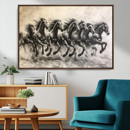 56089591-MGV-FC-36X24_Walnut-Galloping Horses Wall Art Canvas Print, Framed Wild Stallions Art Picture Print, Horse Herd Sketch Perfect Monochrome Dynamic