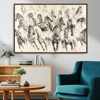 19433417-MGV-CV-36X24-Running Horses Wall Art Canvas Print, Framed Horse Sketch Art Picture Print, Galloping Herd Perfect Monochrome Western Decor
