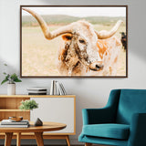 21060648-MGV-CV-36X24-Texas Longhorn Wall Art Canvas Print, Framed Speckled Cow Art Picture Print, Rustic Bull Perfect Rustic Western Decor Artwork