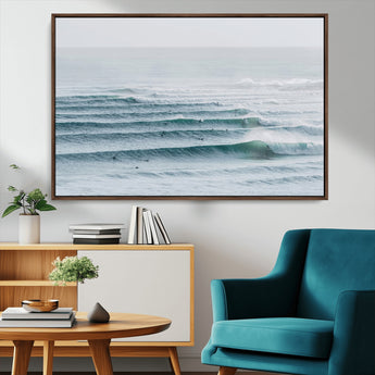 73969318-MGV-CV-36X24-Ocean Waves Wall Art Canvas Print, Framed Surfer Lineup Art Picture Print, Crowded Ocean Perfect Minimal Coastal Decor Artwork