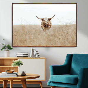 20927060-MGV-CV-36X24-Texas Longhorn Wall Art Canvas Print, Framed Lone Cattle Art Picture Print, Longhorn Bull Perfect Rustic Western Decor Artwork