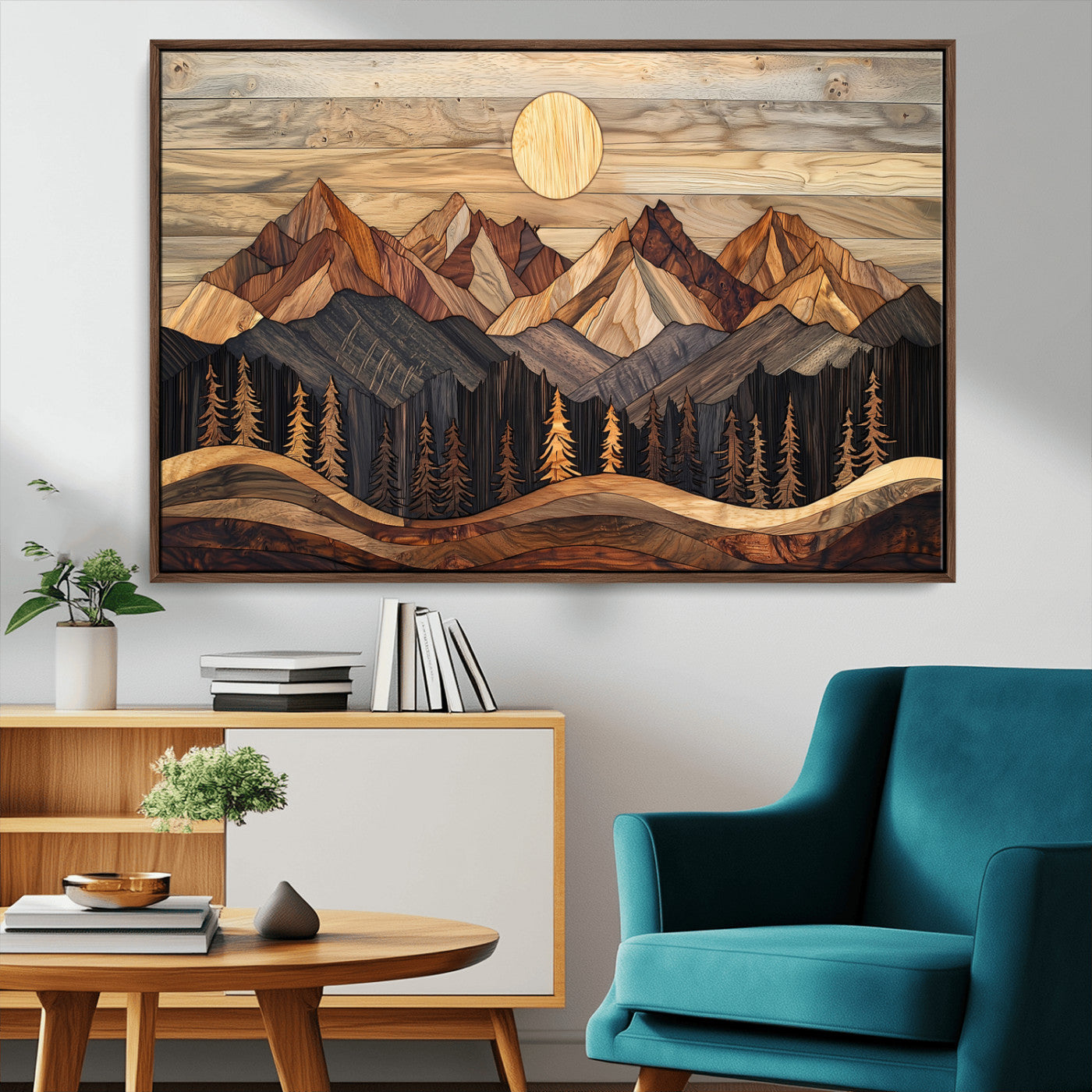 50100230-MGV-CV-36X24-Wooden Mountain Wall Art – Rustic Nature Landscape Canvas Print, Handmade Style Sun, Forest, and Peaks Artwork for Living Room,